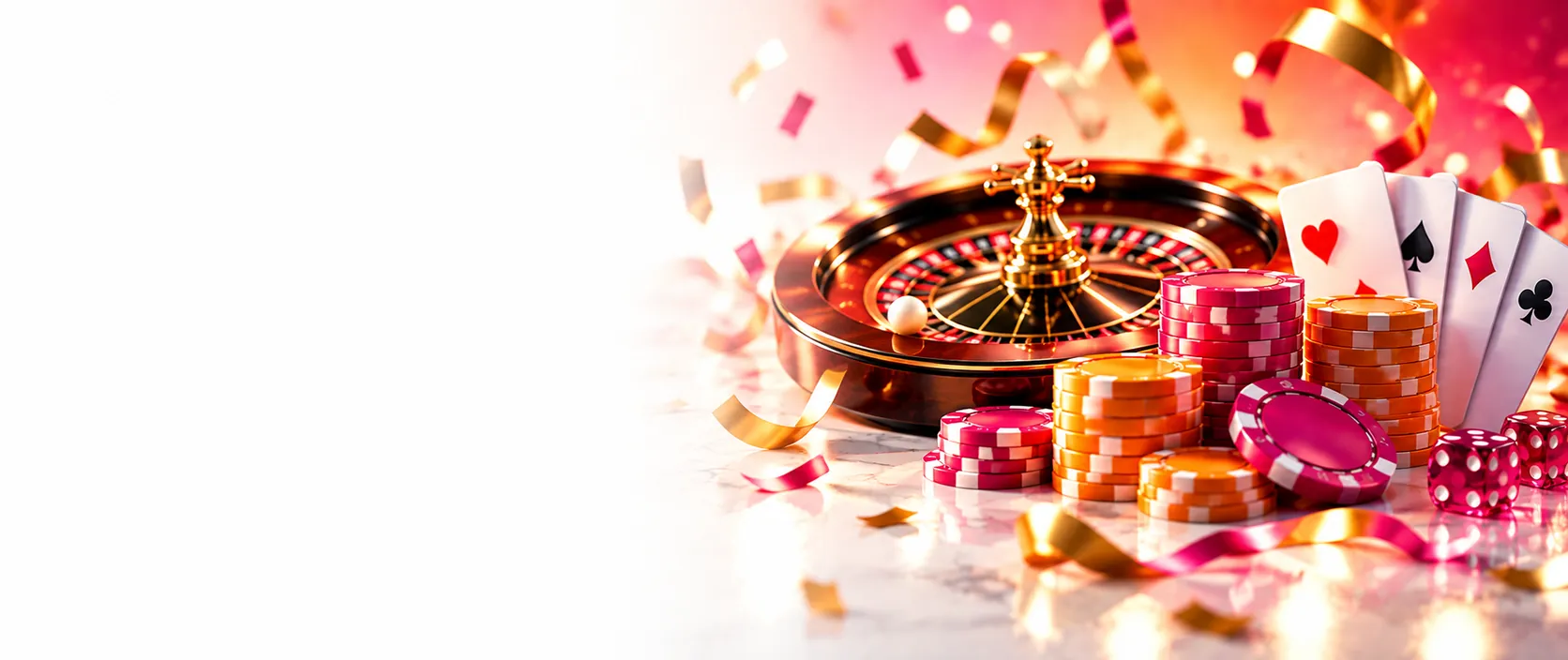 Ruleta, fichas, cartas y dados entre serpentinas